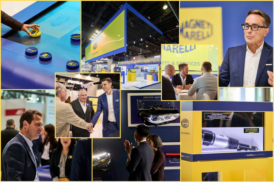 Colagem do stand da Magneti Marelli Parts & Services na Automechanika Frankfurt 2024, com o túnel Marelli, screen reveal, object recognition table e interações com os visitantes
