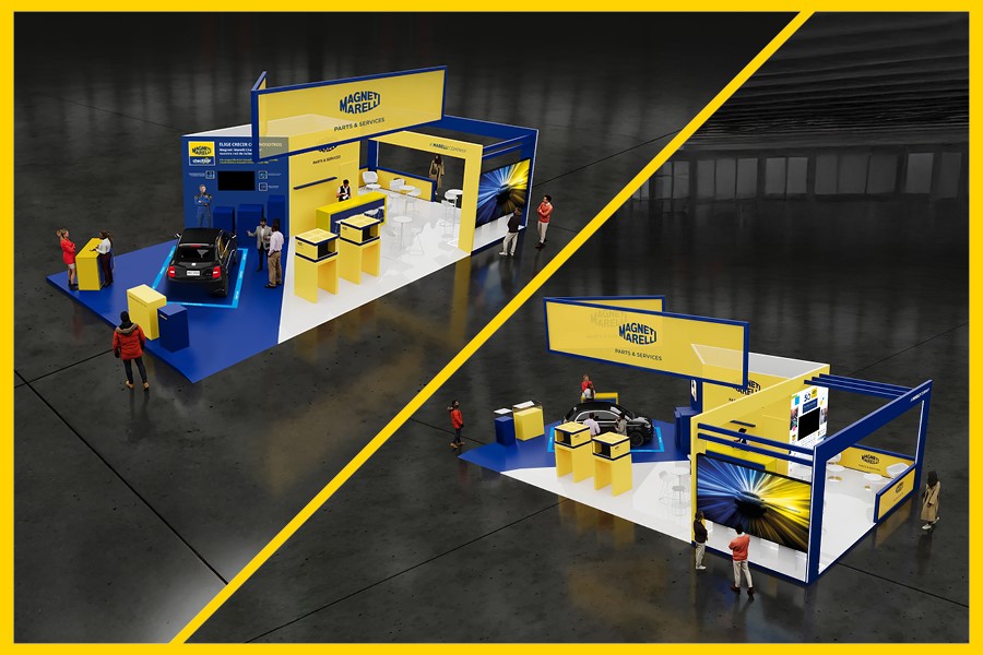 Renderização do stand da Magneti Marelli Parts & Services na Motortec 2025: vista panorâmica da área de exposição de 109 m² com as suas cores características amarelo e azul e as diversas áreas temáticas dedicadas a peças de substituição, equipamentos e serviços para o mercado de peças de substituição automóvel.