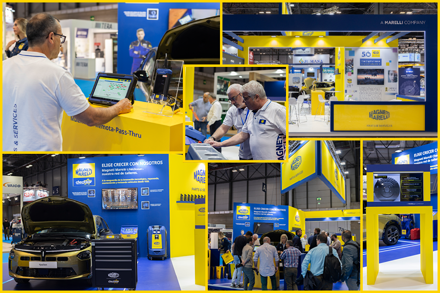 Colagem do stand da Magneti Marelli Parts & Services na Motortec 2025 com produtos, visitantes e pessoal na feira.