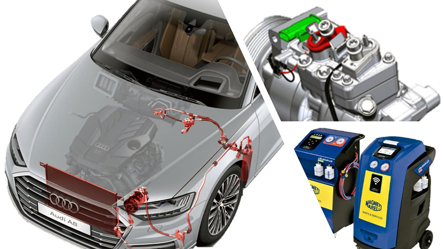 Vista superior do compartimento do motor Audi A8 com componentes do sistema de climatização em transparência, compressor A/C e duas estações de serviço de climatização